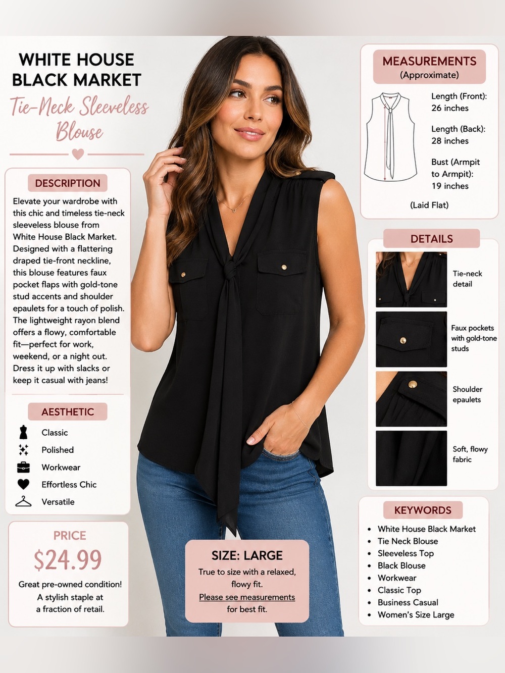White House Black Market Black Sleeveless Tie-Neck Blouse - Picture 1 of 8